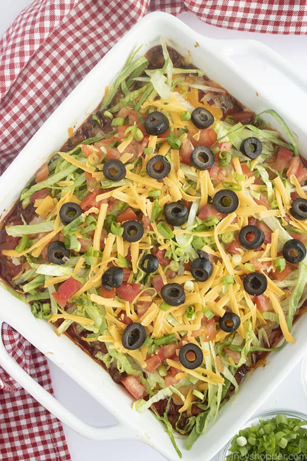 Taco Casserole in a white baking dish