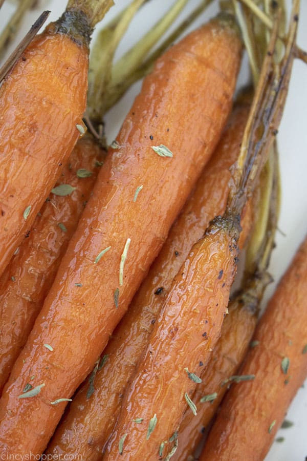 Closeup of roasted carrots with bourbon glaze