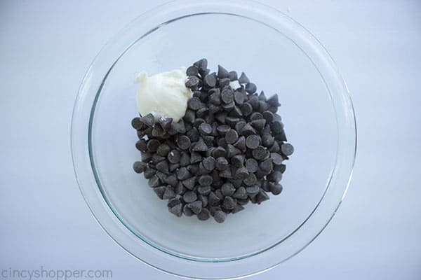 Chocolate chips and shortening in a bowl