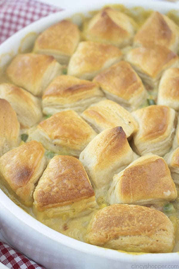 Chicken and Biscuit Casserole in a white dish