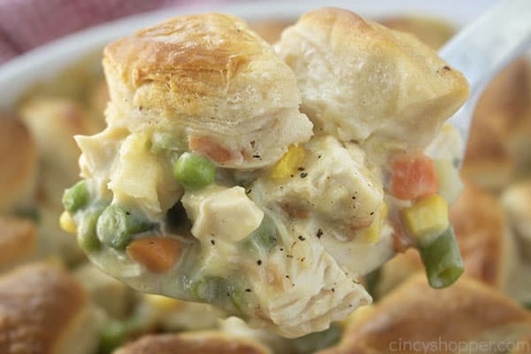 Chicken casserole on a spoon