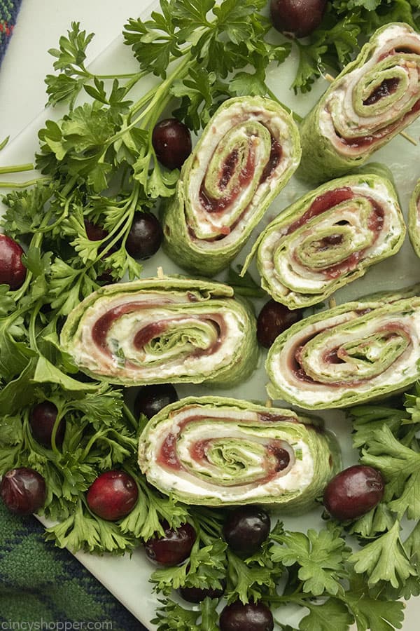 Turkey rollups for appetizer on a platter