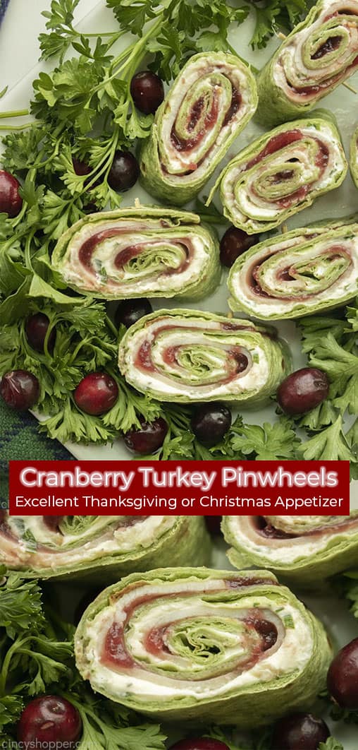 Long pin collage with text banner Cranberry Turkey Pinwheels Excellent Thanksgiving and Christmas Appetizer