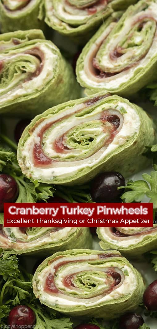 Long pin collage with text banner Cranberry Turkey Pinwheels Excellent Thanksgiving and Christmas Appetizer