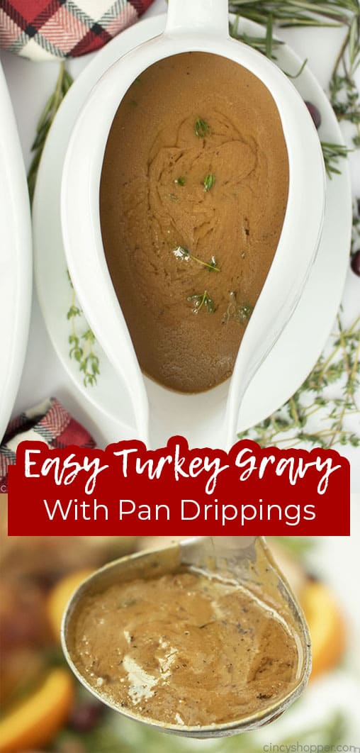 Long pin collage with text Easy Turkey Gravy with pan drippings