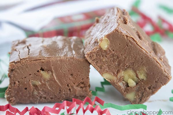 Two pieces of chocolate fudge with nuts