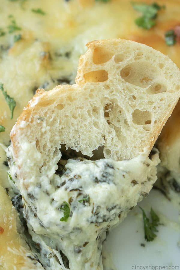 Warm Spinach Dip on a piece of bread