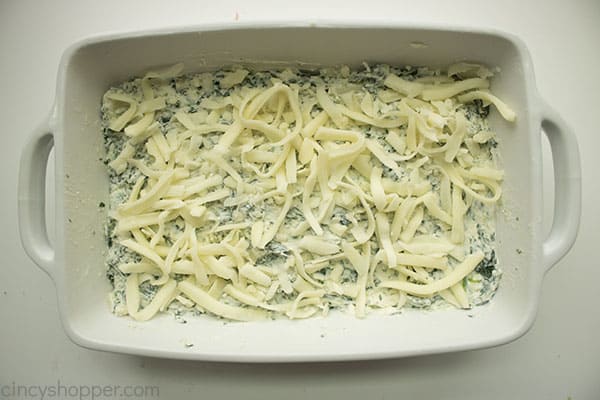 Dip added to baking dish with cheese on top