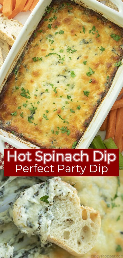 Long pin collage with text on image Hot Spinach Dip Perfect Party Dip