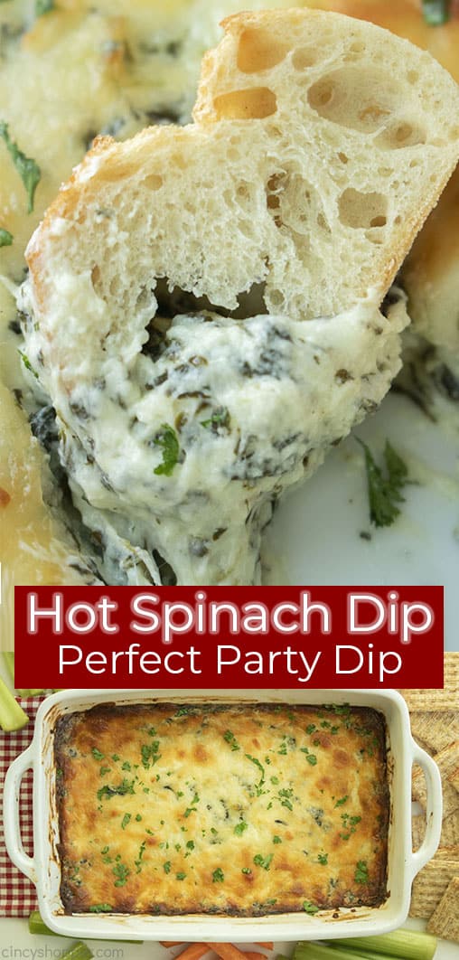 Long pin collage with text on image Hot Spinach Dip Perfect Party Dip