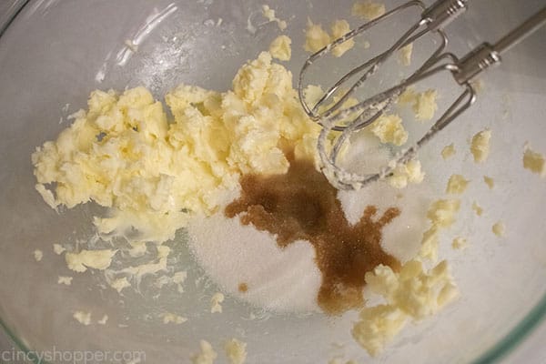 Sugar and vanilla added to creamed butter