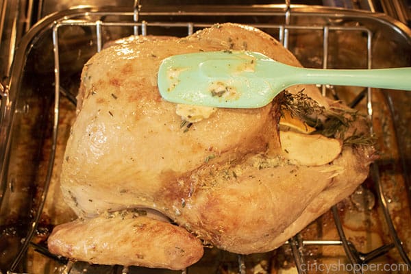 Partially roosted turkey adding more butter to baste 