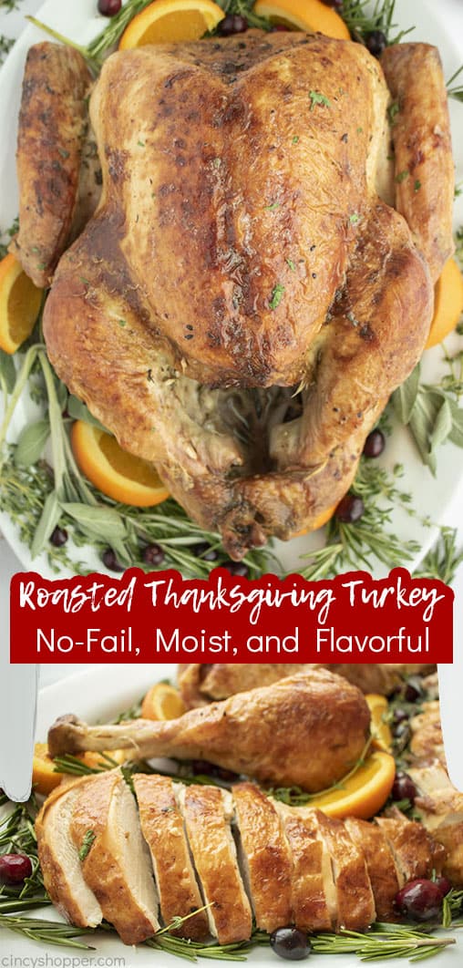 Long pin text on image Roasted Thanksgiving Turkey No-Fail, Moist, and Flavorful!