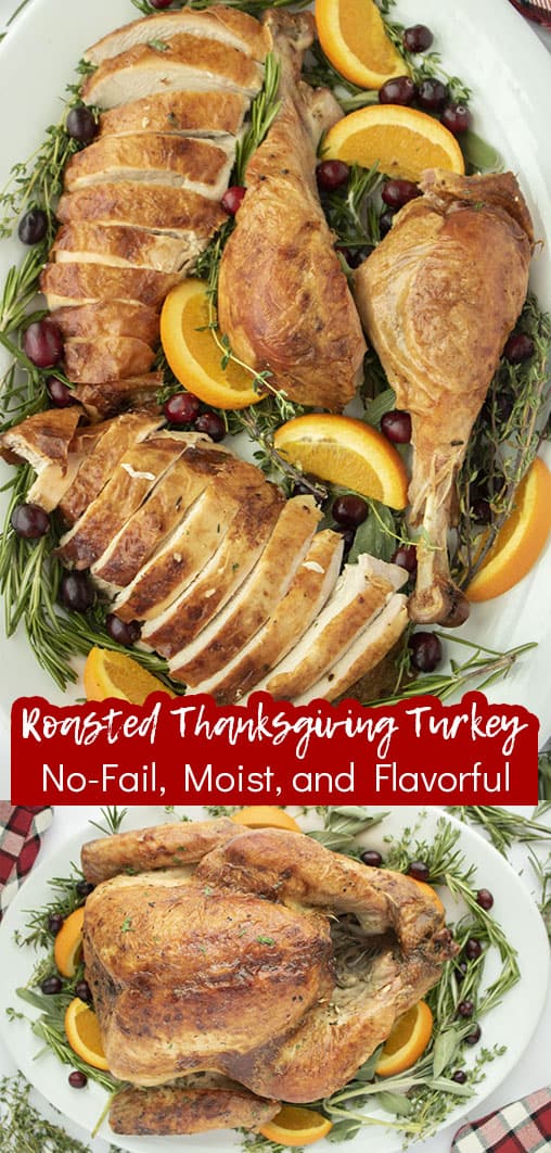Long pin text on image Roasted Thanksgiving Turkey No-Fail, Moist, and Flavorful!