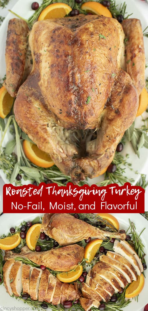 Long pin text on image Roasted Thanksgiving Turkey No-Fail, Moist, and Flavorful!