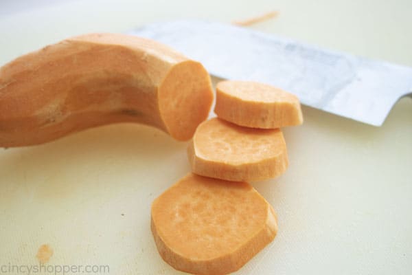 Knife with sliced sweet potato