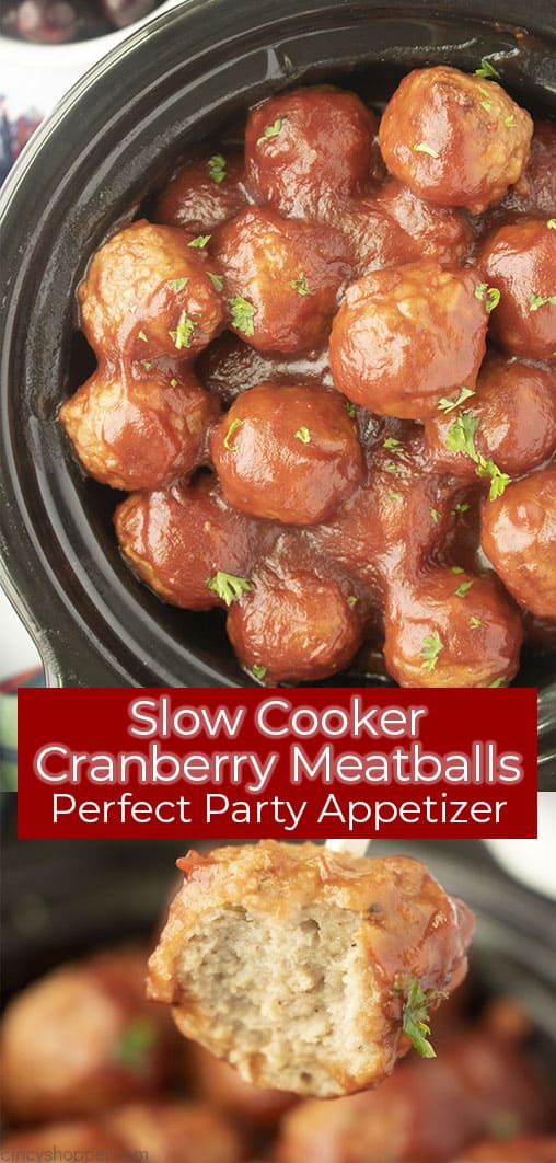 Long pin collage with banner text Slow Cooker Cranberry Meatballs Perfect Party Appetizer