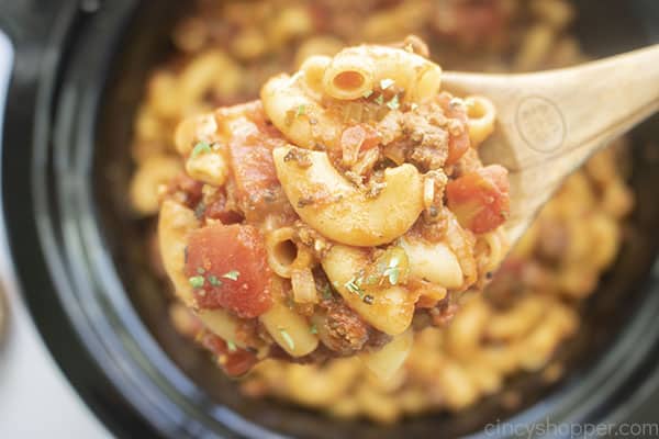 Cooked American Goulash on a spoon