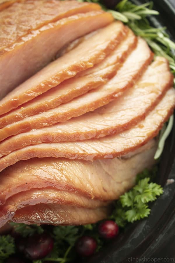 sliced spiral holiday ham in slow cooker