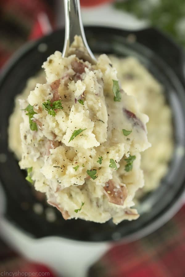 Slow Cooker Garlic Mashed Potatoes on a spoon
