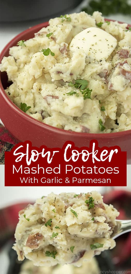 Long pin collage with text Slow Cooker Mashed Potatoes with Garlic and Parmesan
