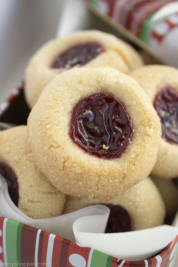 Jam thumbprint cookies in a tin