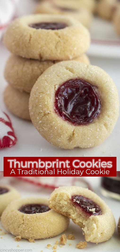 Long pin collage with banner text Thumbprint Cookies A Traditional Holiday Cookie