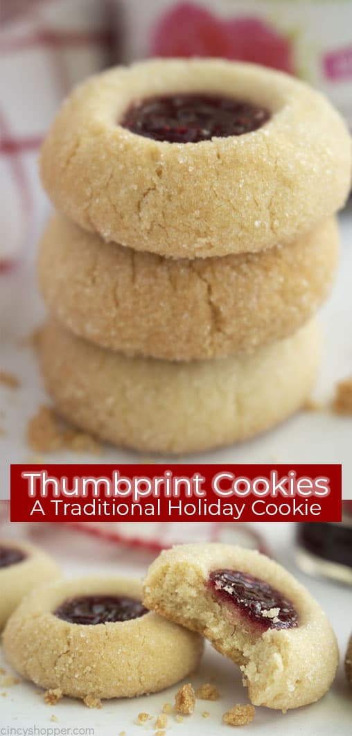 Long pin collage with banner text Thumbprint Cookies A Traditional Holiday Cookie