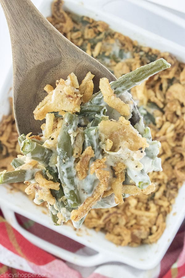 From scratch green bean casserole on a spoon