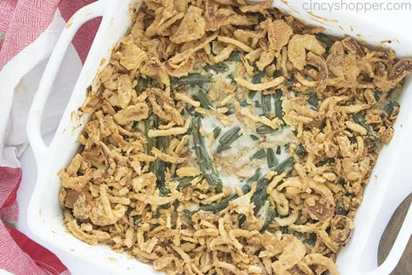 Classic green bean casserole in a white baking dish