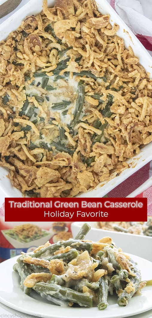 Long pin collage with text Traditional Green Bean Casserole Holiday Favorite