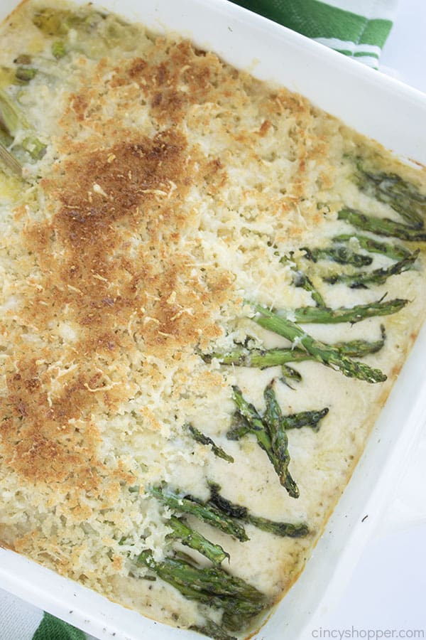 Asparagus Casserole in a white dish