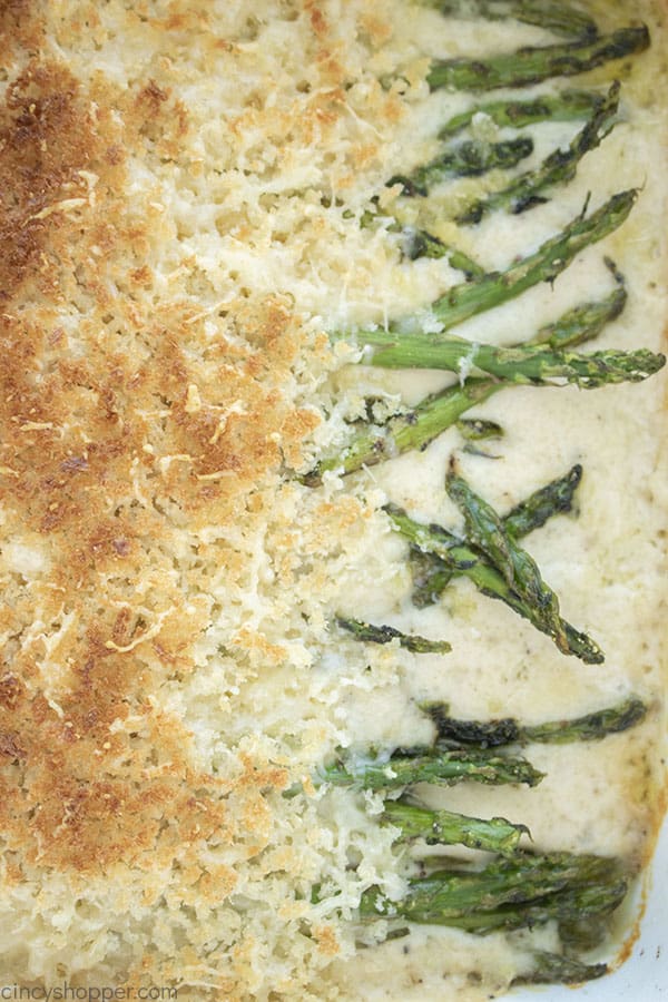 Closeup of cheesy asparagus casserole