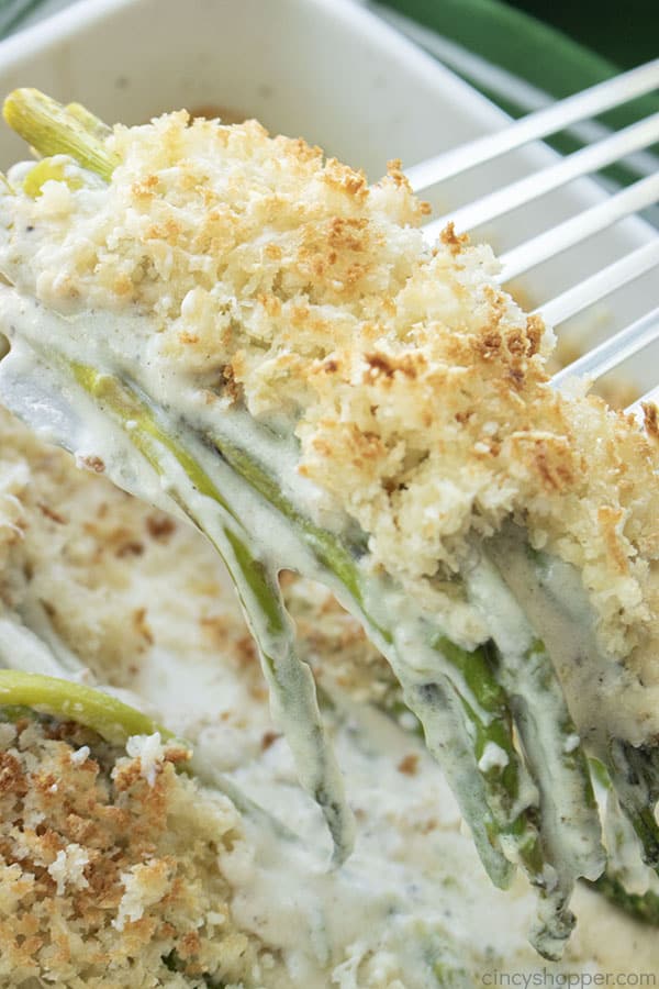 Parmesan Asparagus Casserole on a spatula.