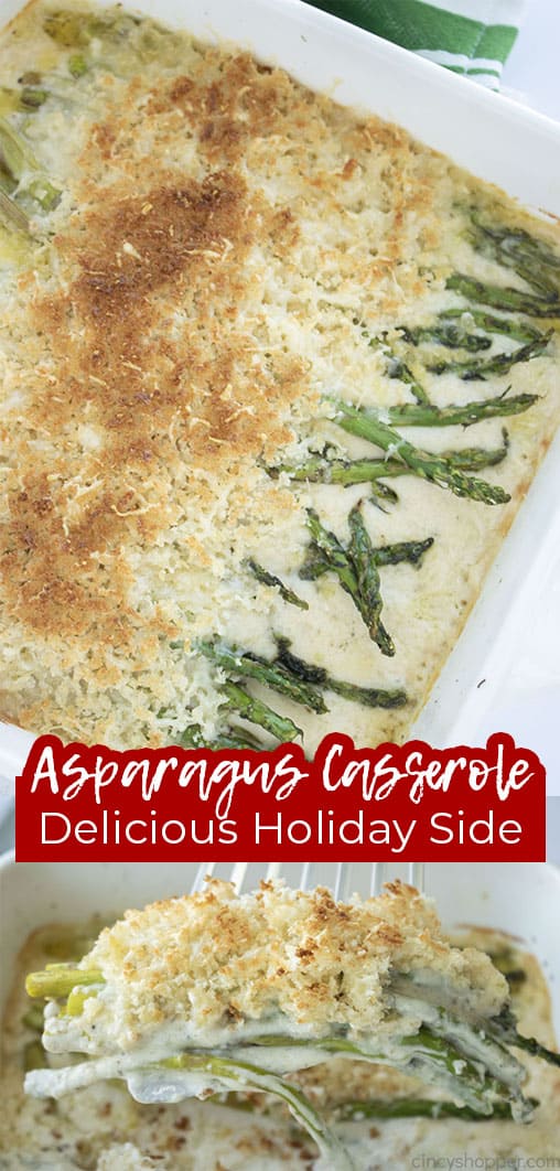 Long pin collage with text Asparagus Casserole Delicious Holiday Side