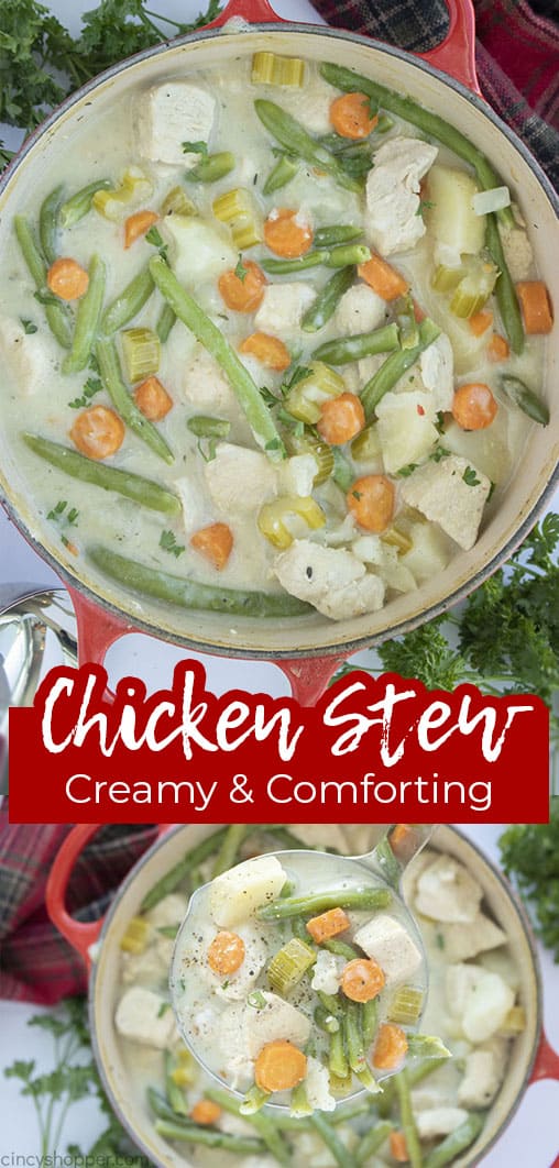 Long pin collage with text banner Chicken Stew Creamy and Comforting