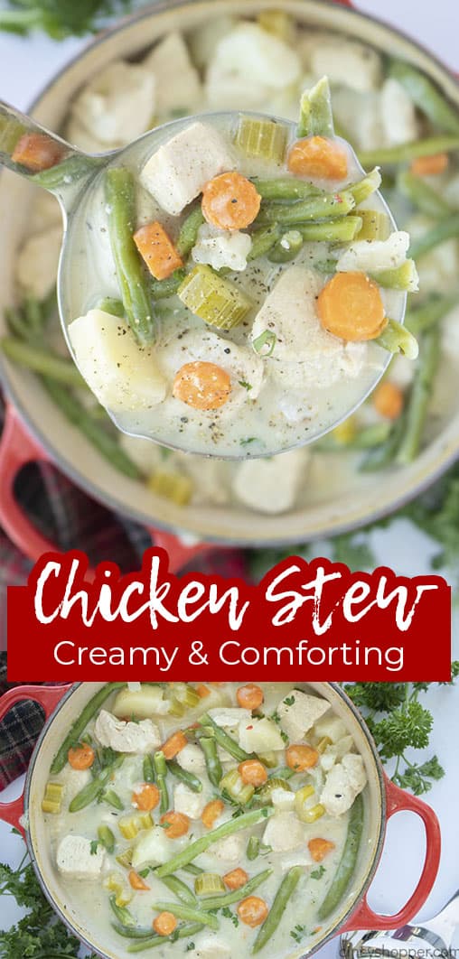 Long pin collage with text banner Chicken Stew Creamy and Comforting