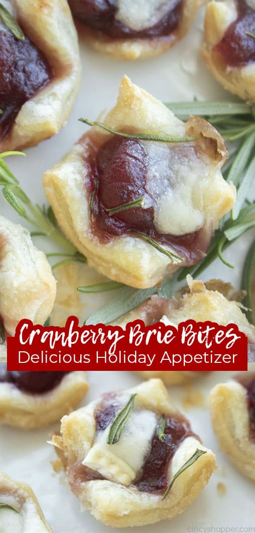 Long pin collage with text Cranberry Brie Bites Delicious Holiday Appetizer