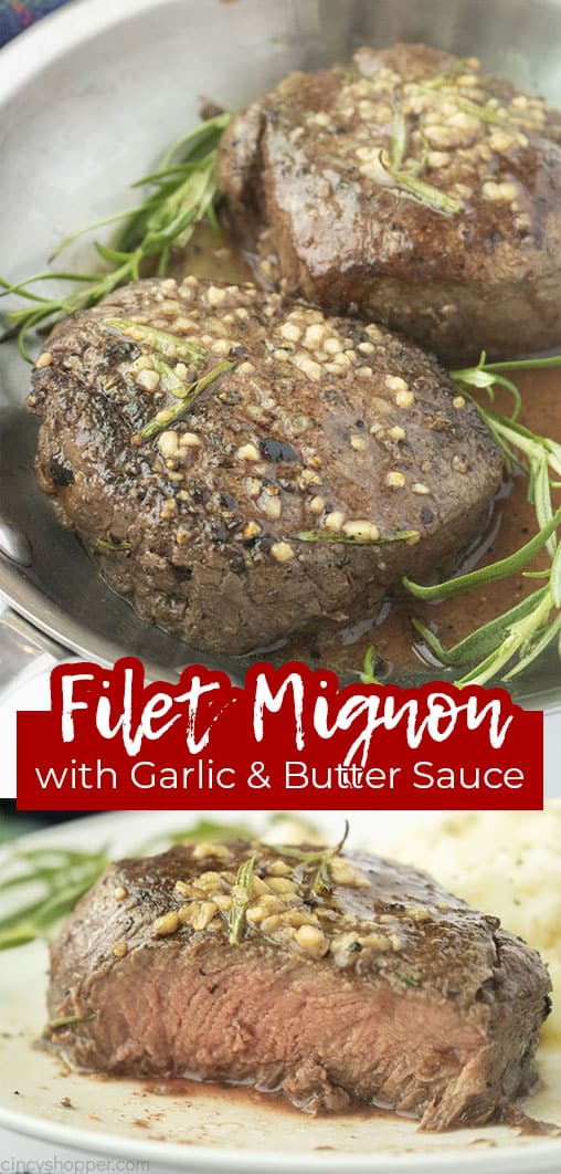 Long pin collage with text Filet Mignon with Garlic & Butter Sauce