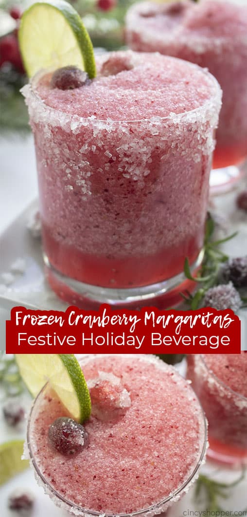 Long pin collage with text banner Frozen Cranberry Margaritas Festive Holiday Beverage