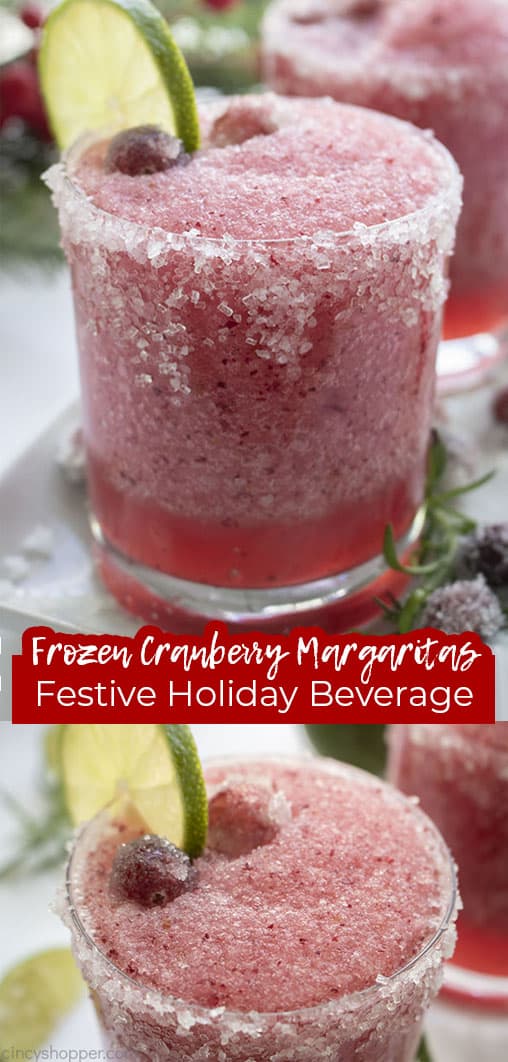 Long pin collage with text banner Frozen Cranberry Margaritas Festive Holiday Beverage