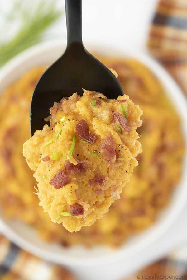 Bacon and chive savory potatoes on a spoon