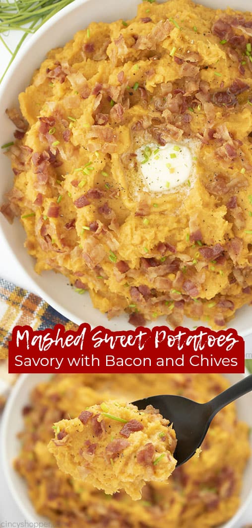 Long pin collage with text Mashed Sweet Potatoes Savory with Bacon and Chives!