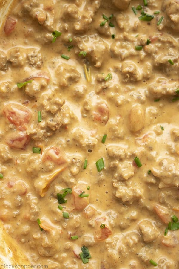 Closeup of dip with Rotel and Velveeta