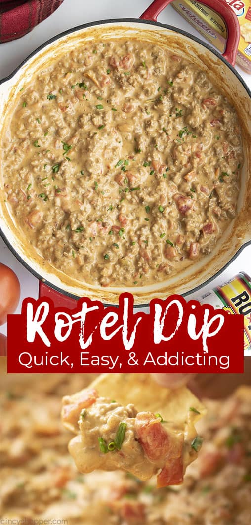 Long pin collage with text Rotel Dip Quick, Easy, & Addicting!