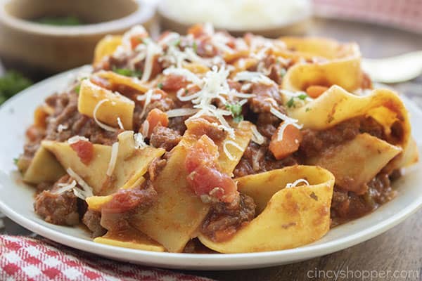 Finished homemade Bolognese Sauce on the top of pasta