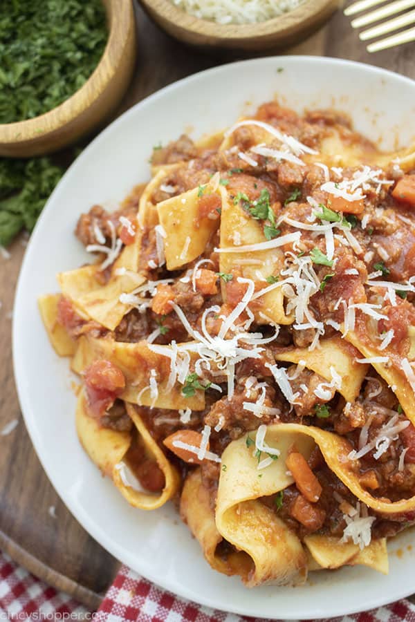 Overhead of Bolognese Sauce over papardelle