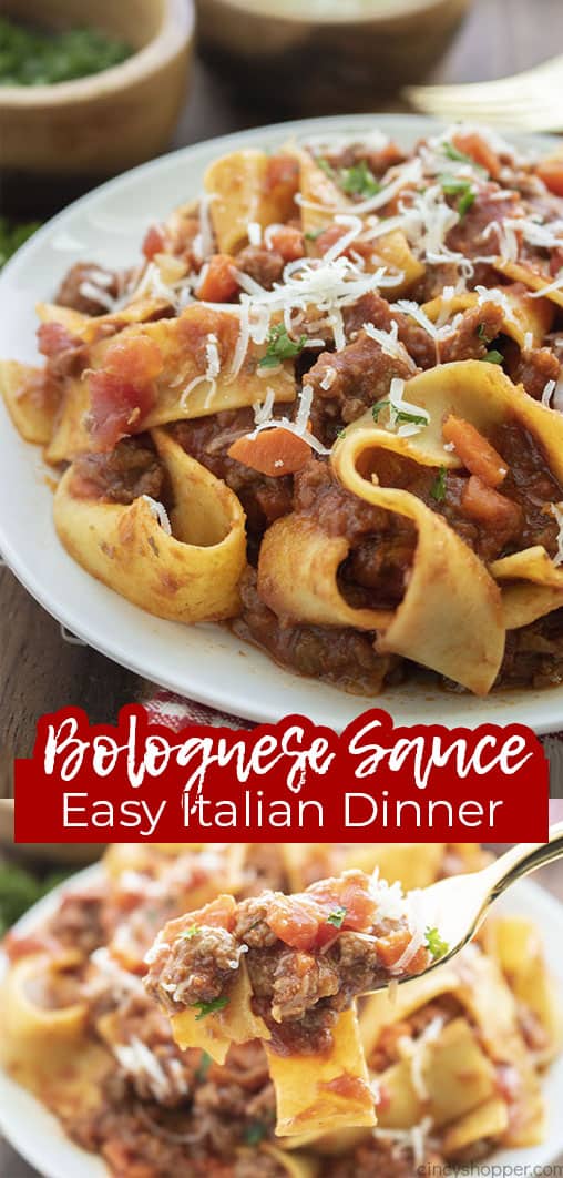 Long pin collage with text Bolognese Sauce Easy Italian Dinner