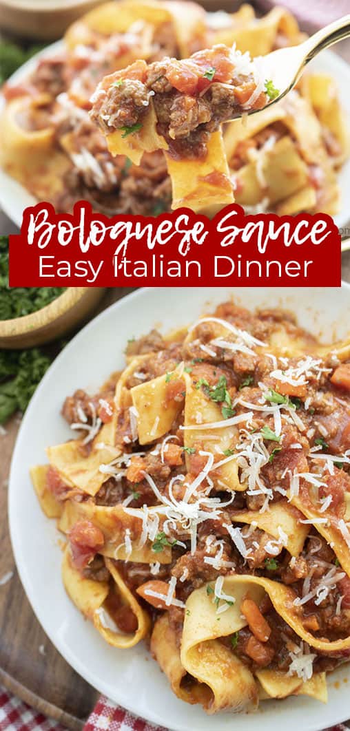 Long pin collage with text Bolognese Sauce Easy Italian Dinner