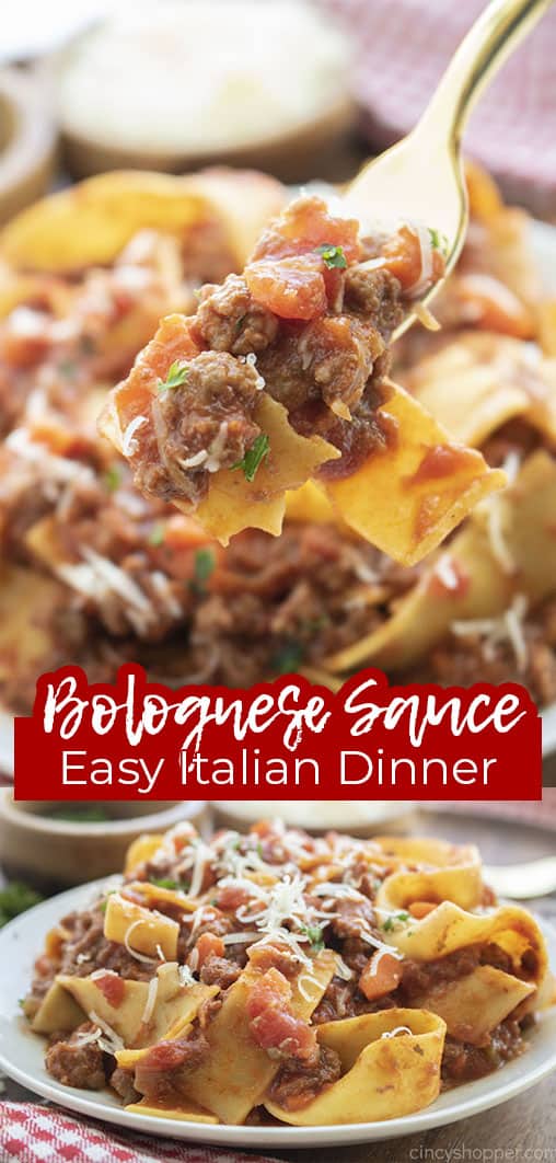 Long pin collage with text Bolognese Sauce Easy Italian Dinner